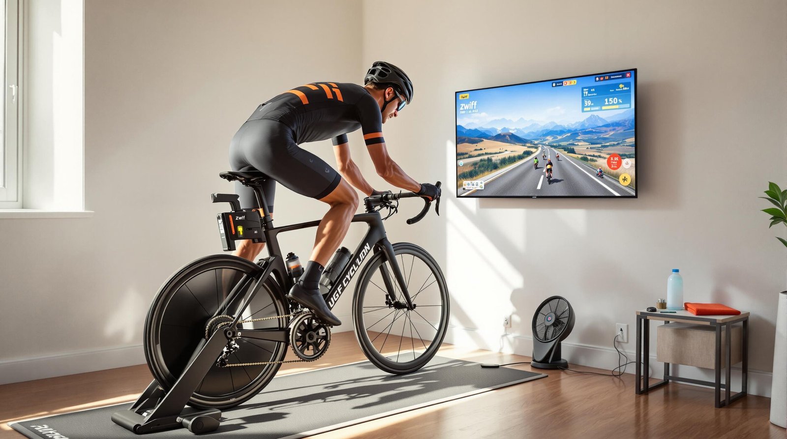 indoor cyclist racing on turbo trainer