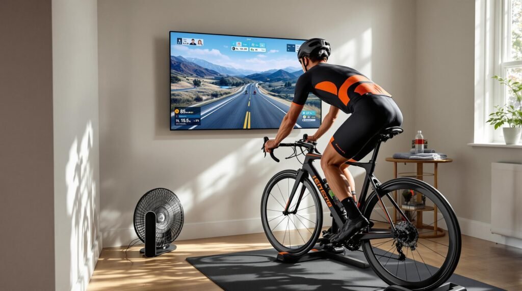 image of and indoor cyclist on a bicycle, with a fan and screen in front